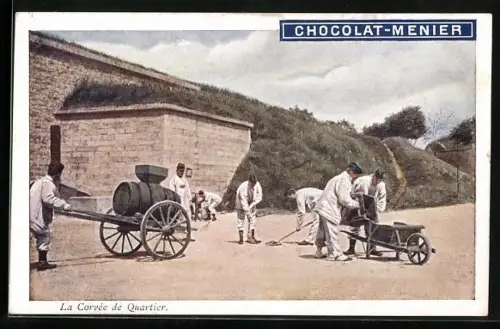 AK Soldaten säubern das Umfeld der Kaserne, Reklame für Chocolat-Menier