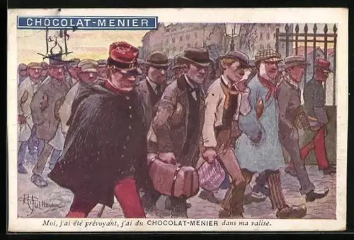 AK Rekruten auf dem Weg in die Kaserne, Reklame für Chocolat-Menier