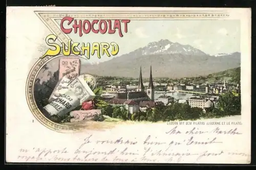 AK Luzern, Teilansicht mit dem Pilatus, Reklame für Cacao Chocolat Suchard