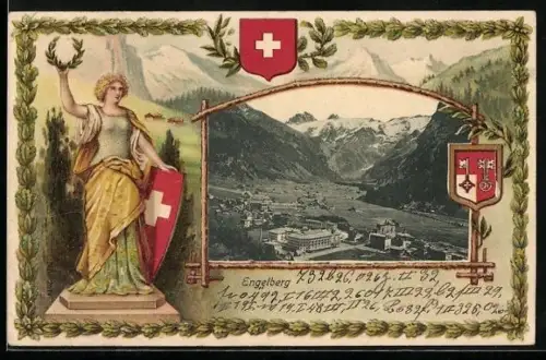 Passepartout-Lithographie Engelberg, Panoramablick auf den Ort, Stadt-Wappen und Helvetia