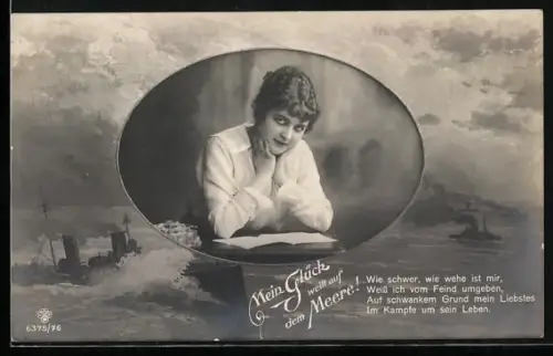 Foto-AK RPH SBW Nr. 6375/76: Frau liest einen Brief, Schiffe auf See