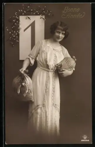 Foto-AK RPH SBW Nr. 5865/66: Frau mit Geldsäcken vor Kalender, Neujahrsgruss