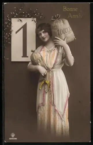 Foto-AK RPH SBW Nr. 5865/66: Frau mit Geldsäcken vor Kalender, Neujahrsgruss