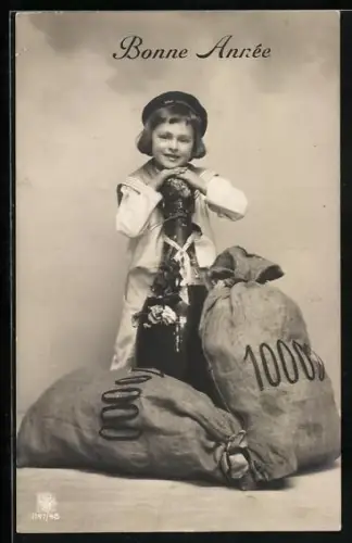 Foto-AK RPH SBW Nr. 1147/48: Junge mit Sektflasche und Geldsäcken, Neujahrsgruss