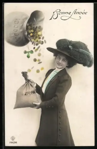 Foto-AK RPH SBW Nr. 1791/92: Fräulein im Mantel mit Geldsäcken, Neujahrsgruss