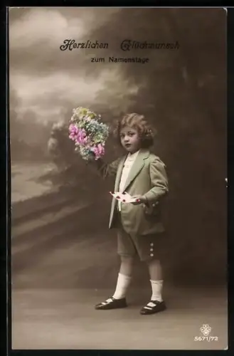 Foto-AK RPH SBW Nr. 5671/72: Junge mit Kuvert und Blumen, Glückwunsch zum Namenstag