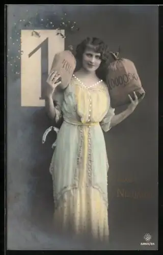 Foto-AK RPH SBW Nr. 5865/66: Fräulein mit Geldsäcken vor Kalender, Neujahrsgruss