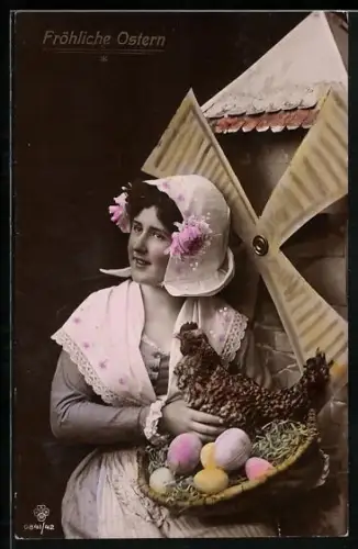 Foto-AK RPH SBW Nr. 0841/42: Fräulein mit Huhn im Osterkorb, Ostergruss