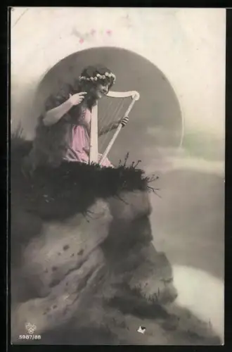 Foto-AK RPH SBW Nr. 5987/88: Junge Frau mit Harfe