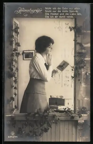 Foto-AK RPH SBW Nr. 6343/44: Fräulein mit Foto am Fenster