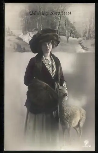 Foto-AK RPH SBW Nr. 4709/10: Junge Frau mit Reh im Winter