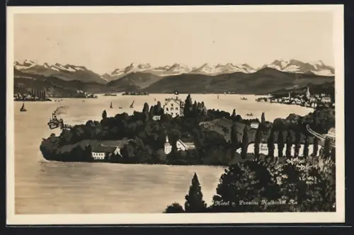 AK Au /ZH, Hotel und Pension Halbinsel Au aus der Vogelschau