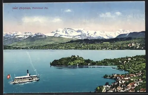 AK Au ZH, Ortsansicht mit Zürichsee aus der Vogelschau