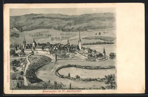 Lithographie Bremgarten /AG, Teilansicht mit Kirche im 17. Jahrhundert