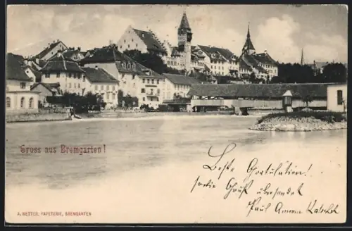 AK Bremgarten /AG, Ortspanorama vom Wasser aus, mit überdachter Brücke