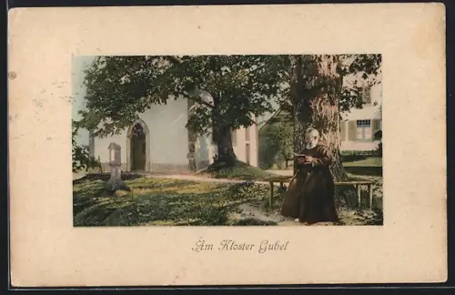 AK Menzingen /ZG, lesender Mönch am Kloster Gubel