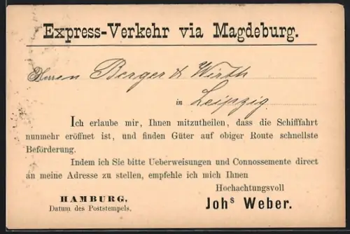AK Hamburg, Korrespondenz Express-Verkehr via Magdeburg, Schifffahrtseröffnung, Johs. Weber. 1883