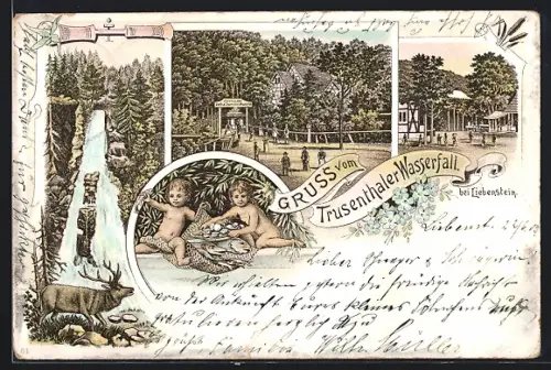 Lithographie Bad Liebenstein, Trusenthal, Trusenthaler Wasserfall, Ausflugslokal, Waldpartie