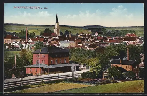 AK Pfaffenhofen / Ilm, Bahnhof u. Stadtansicht aus der Vogelschau