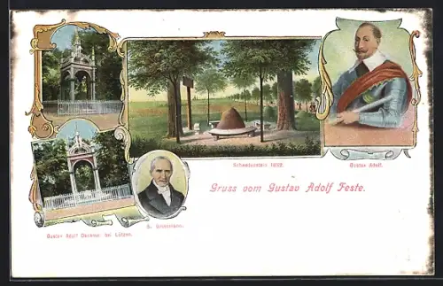 Lithographie Lützen, Gustav-Adolf-Denkmal, Portrait und Schwedenstein