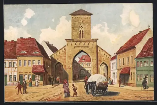 Künstler-AK Köthen / Anhalt, Partie am Bärtor, Passanten