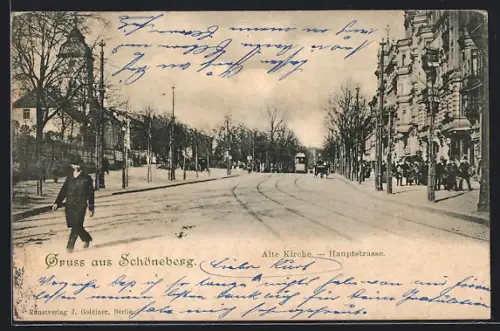 AK Berlin-Schöneberg, Alte Kirche und Hauptstrasse mit Strassenbahn