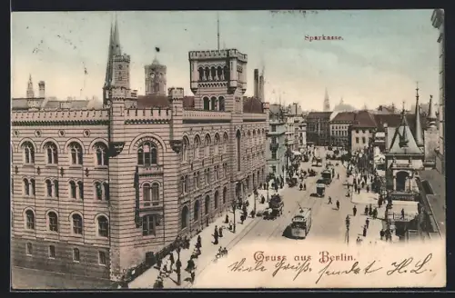 AK Berlin, Mühledamm mit Sparkasse und Strassenbahn