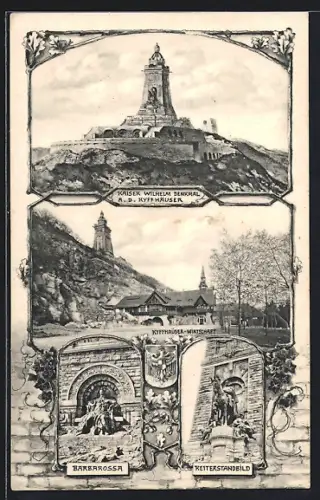 Künstler-AK Kyffhäuser, Kaiser Wilhelm Denkmal, Gastwirtschaft, Barbarossa
