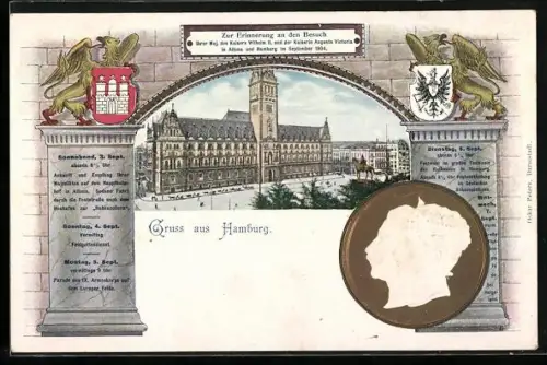 Künstler-AK Hamburg, Festpostkarte zum Besuch Kaiser Wilhelm II. 1904, Rathaus, Wappen
