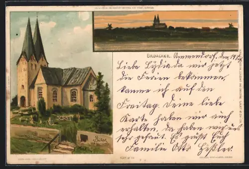 Künstler-AK Carl Biese: Broacker, Kirche, Abendstimmung