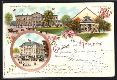 Lithographie Hamburg, Meyer`s Hotel, Dammthor-Bahnhof, Dammthorpavillon