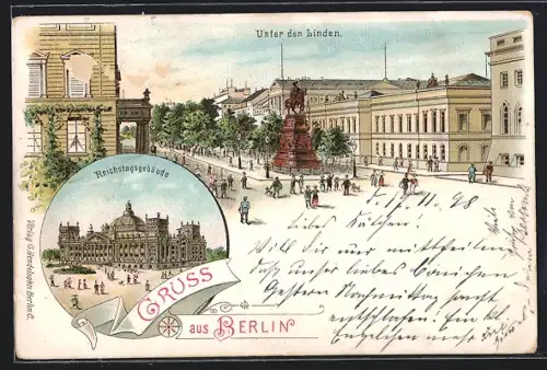 Lithographie Berlin, Unter den Linden, Reichstagsgebäude