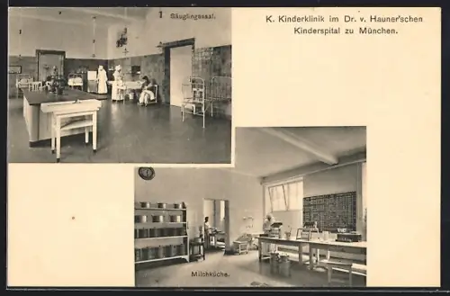 AK München, K. Kinderklinik im Dr. v. Hauner`schen Kinderspital, Säuglingssaal, Milchküche