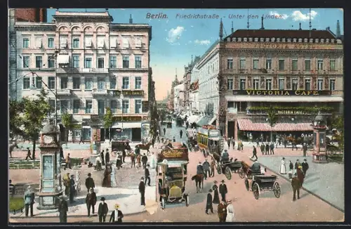 AK Berlin, Blick in die Friedrichstrasse, Victoria Café