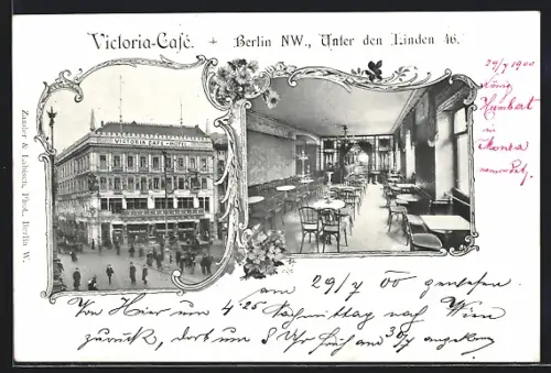AK Berlin, Victoria-Café mit Innenansicht vom Speiseraum in der Strasse Unter den Linden 46