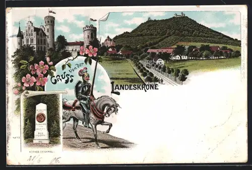 Lithographie Görlitz, Gasthaus Landeskrone, Schloss, Körnerdenkmal, Ortsansicht, Ritter