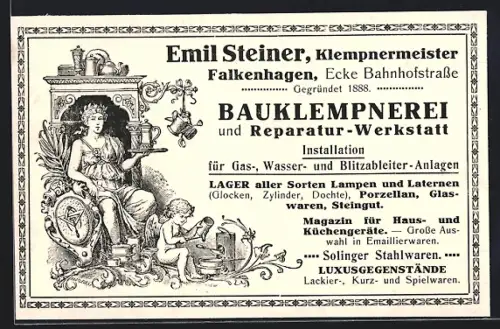 Künstler-AK Falkenhagen, Bauklempnerei und Reparatur-Werkstatt Emil Steiner, Ecke Bahnhofstrasse