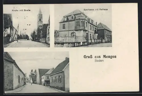 AK Mengen / Schallstadt, Sparkasse mit Rathaus, Strassenpartie mit Kirche