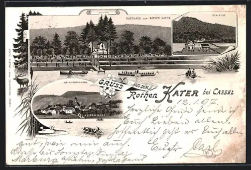 Lithographie Kassel-Wolfsanger, Gasthaus zum Rothen Kater, Schleuse, Spiekershausen