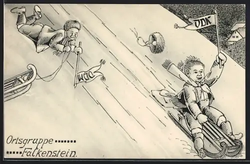 Künstler-AK Falkenstein / Vogtland, Ortsgruppe Falkenstein des VDK, Jungen beim Rodeln
