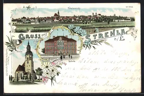 Lithographie Strehla / Elbe, Totalansicht des Ortes, Kirche, Schule