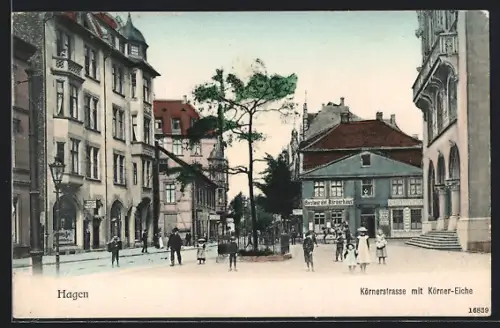 AK Hagen / Westfalen, Körnerstrasse mit Körner-Eiche, Restaurant Bürgerhaus