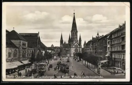 AK Berlin-Charlottenburg, Hardenbergstrasse mit Gedächtniskirche und Strassenbahnen