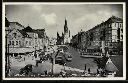 AK Berlin-Charlottenburg, Hardenbergstrasse mit Kaiser-Wilhelm-Gedächtniskirche und Strassenbahnen