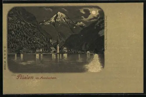 Lithographie Flüelen, Uferpartie mit Bergen im Vollmondlicht