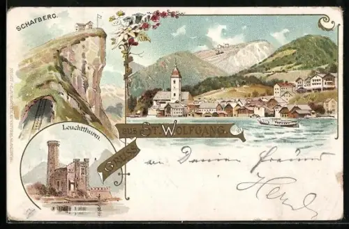 Lithographie St. Wolfgang, Gasthaus auf dem Schafberg, Leuchtturm, Ortsansicht mit Dampfer
