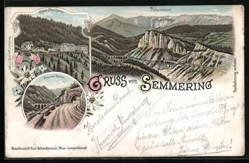 Lithographie Semmering, Krausel Tunnel, Hôtel Panhans, Polleroswand