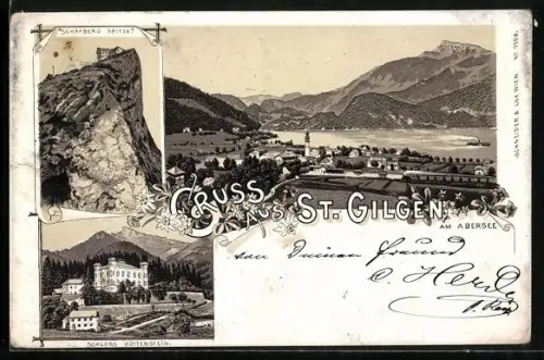 Lithographie St. Gilgen am Abersee, Schloss Hüttenstein, Schafbergspitze, Ortsansicht