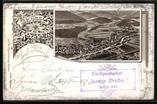 Lithographie Gloggnitz, Luftbild, Blumen