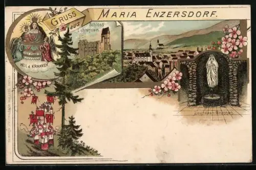 Lithographie Maria Enzersdorf, Schloss Lichtenstein, Lourdes-Brunnen, Heil der Kranken